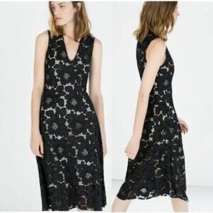Zara Woman Navy Blue Lace V-Neck Midi Dress $98